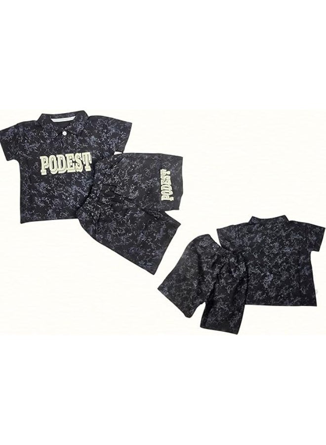 MINIIMODZ MINII MODZ Podest Print Black Short Pant & Half Sleeve T-Shirt Set for Boys | Casual & Festive Wear - Image 2